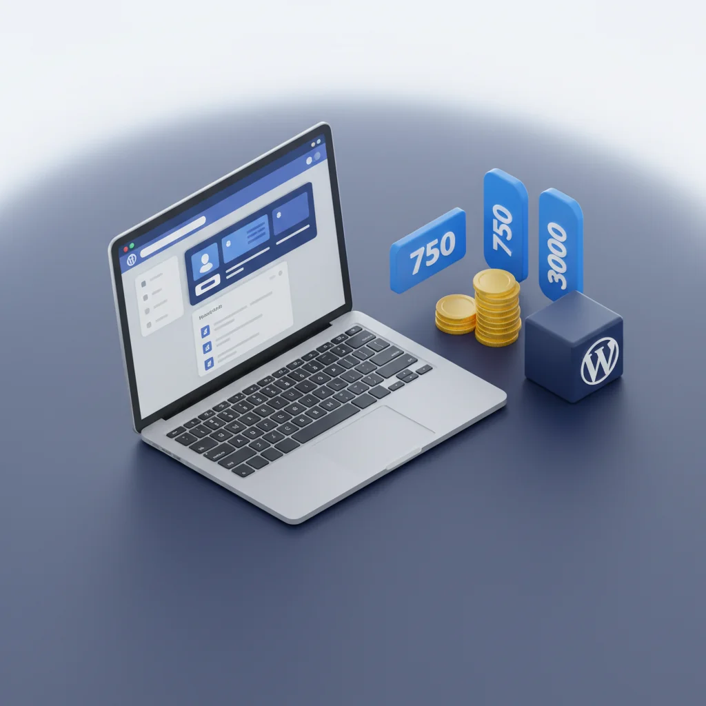 Pressvise illustration: WordPress SEO pricing comparison with laptop, price tags and WordPress logo block in dark slate blue and bright blue editorial style