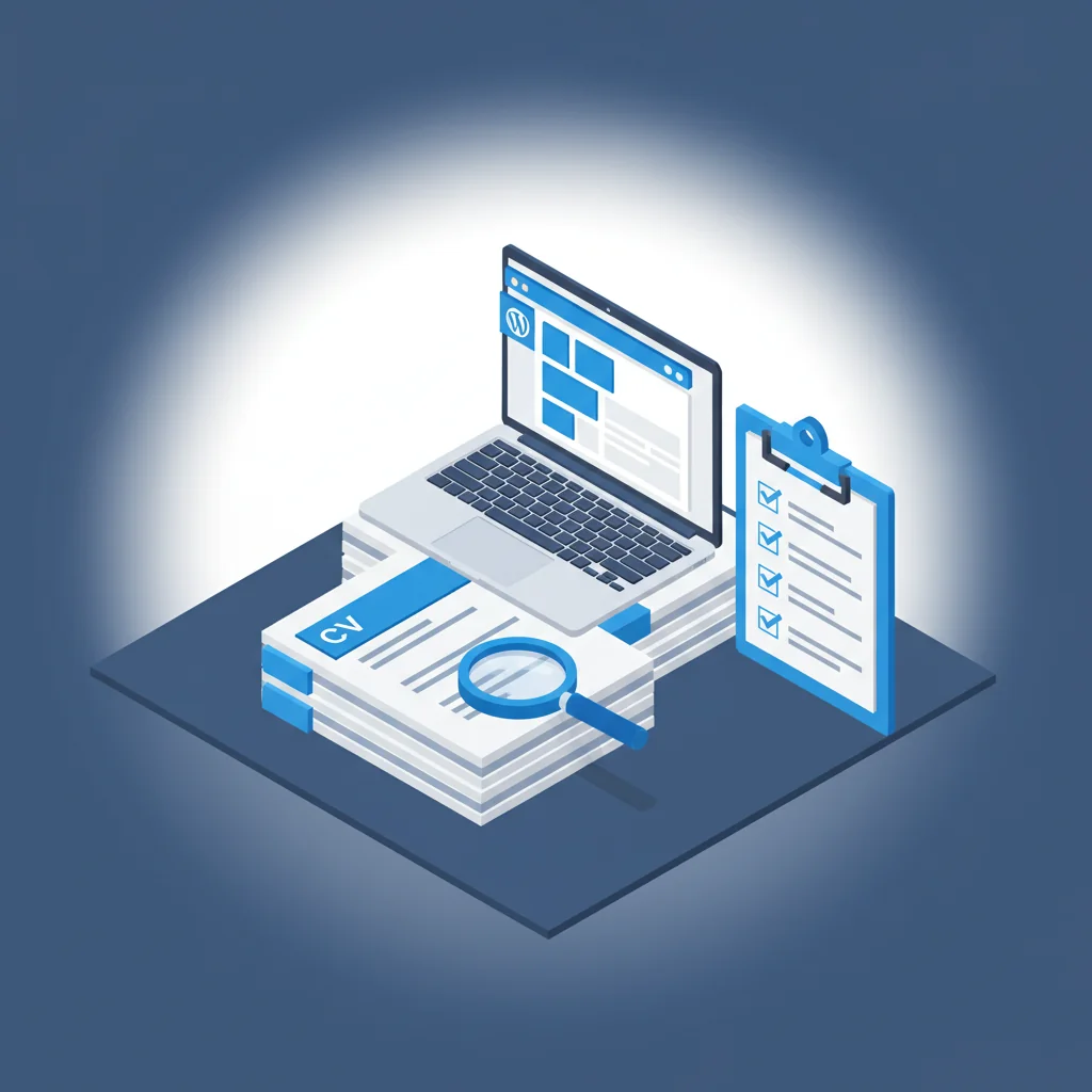Pressvise illustration: CV portfolios, WordPress admin dashboard, clipboard checklist and magnifying glass in dark slate blue and bright blue editorial style