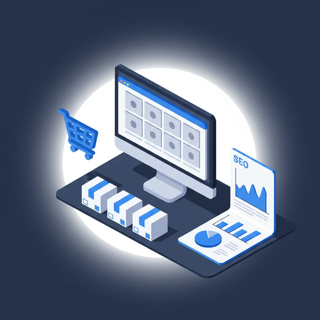 Pressvise illustration: WooCommerce product grid on monitor, shopping cart and SEO performance report in dark slate blue and bright blue editorial style