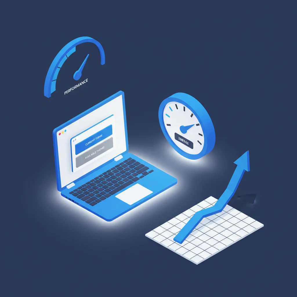 Pressvise illustration: performance speedometer gauge, WordPress theme switcher on laptop and performance graph in dark slate blue and bright blue editorial style