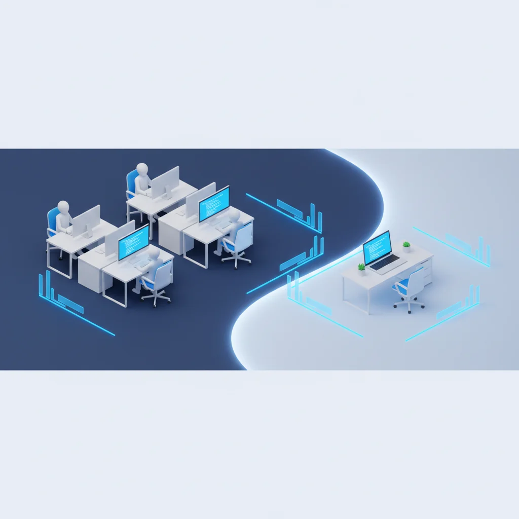 Pressvise illustration: agency office desk with team versus solo freelancer laptop — split path comparison in dark slate blue and bright blue editorial style
