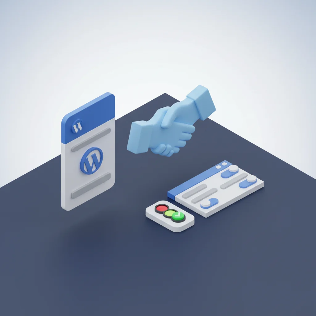Pressvise illustration: WordPress plugin card, handshake and green traffic light indicator with settings panel in dark slate blue and bright blue editorial style