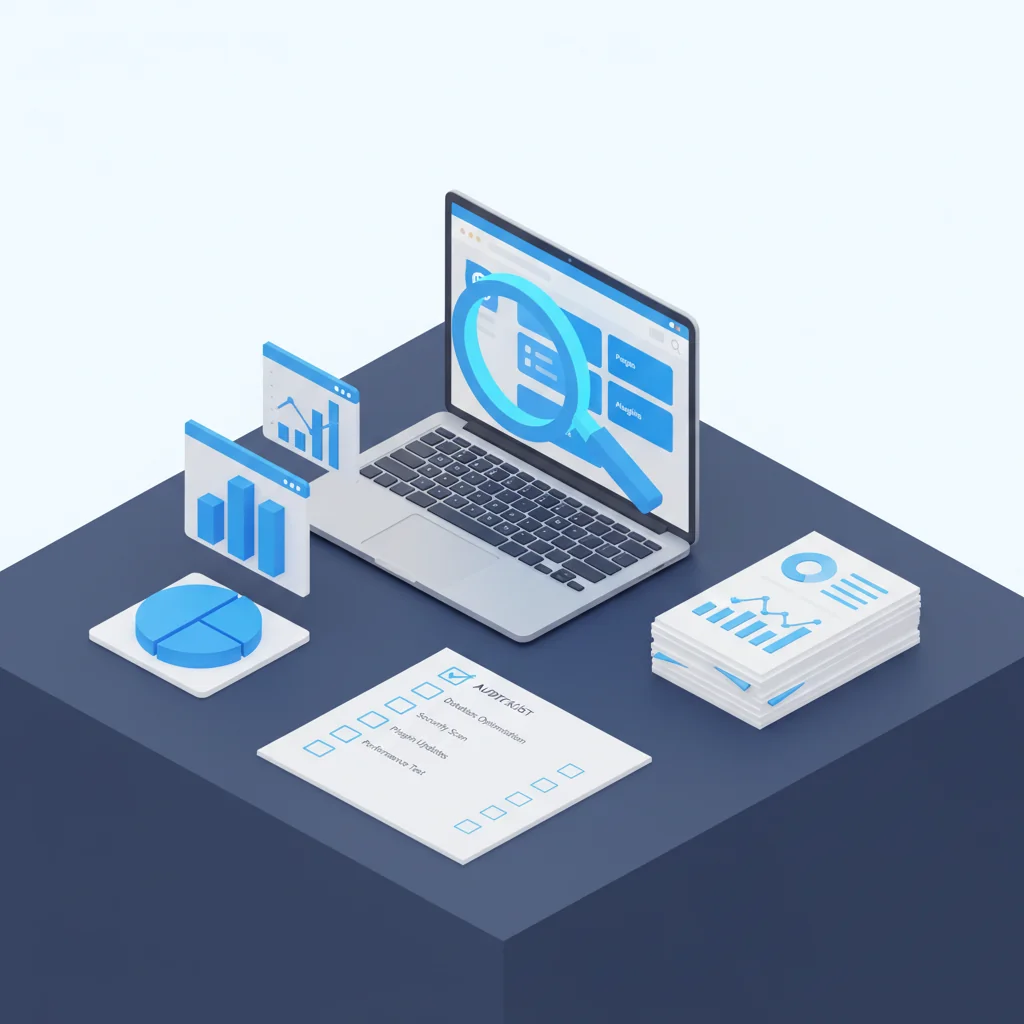 Pressvise illustration: printed audit checklist, magnifying glass over WordPress admin screen and data charts in dark slate blue and bright blue editorial style