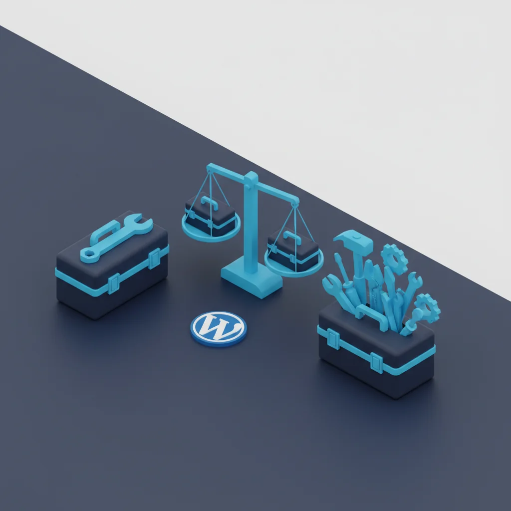 Pressvise illustration: specialist toolbox with single wrench versus generalist toolbox overflowing with tools, with WordPress logo badge and comparison scale in dark slate blue and bright blue editorial style