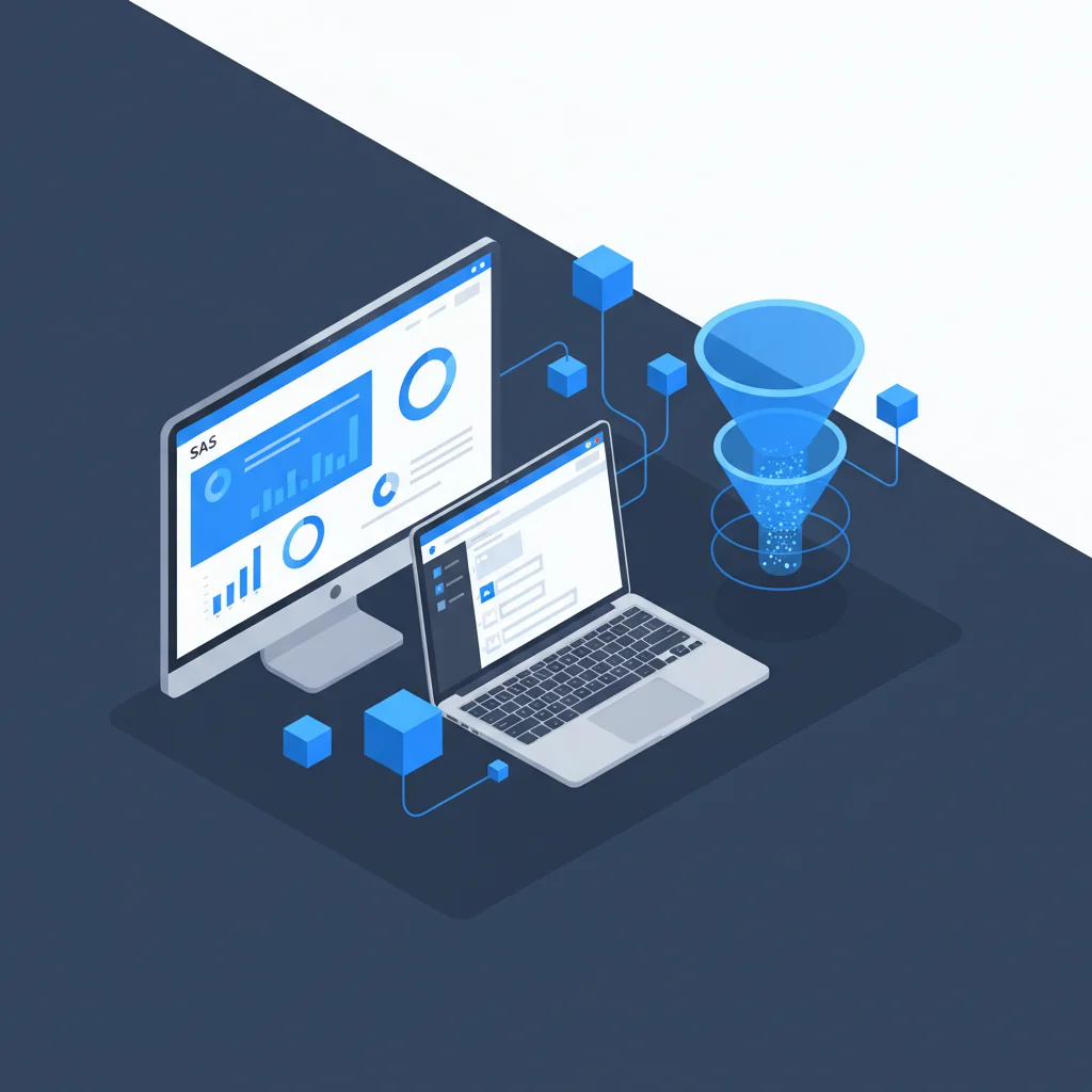 Pressvise illustration: SaaS analytics dashboard and WordPress editor split screen with conversion funnel and data nodes in dark slate blue and bright blue editorial style