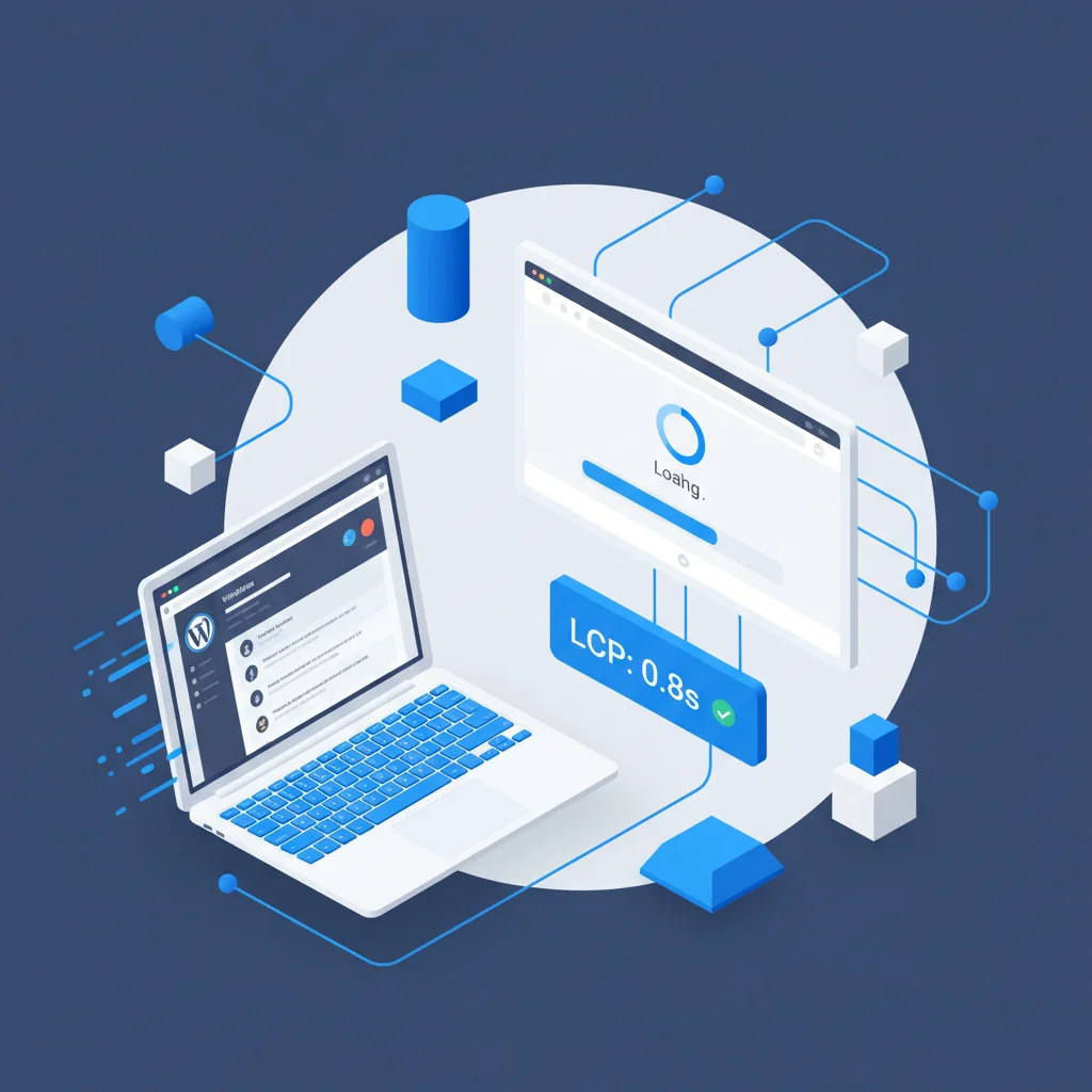 Pressvise illustration: loading progress bar on website mockup, LCP timer showing fast performance and WordPress site with speed lines in dark slate blue and bright blue editorial style