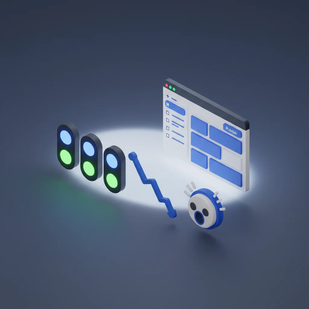 Pressvise illustration: green traffic lights in a row with rankings graph trending downward and surprised emoji beside WordPress admin panel in dark slate blue and bright blue editorial style
