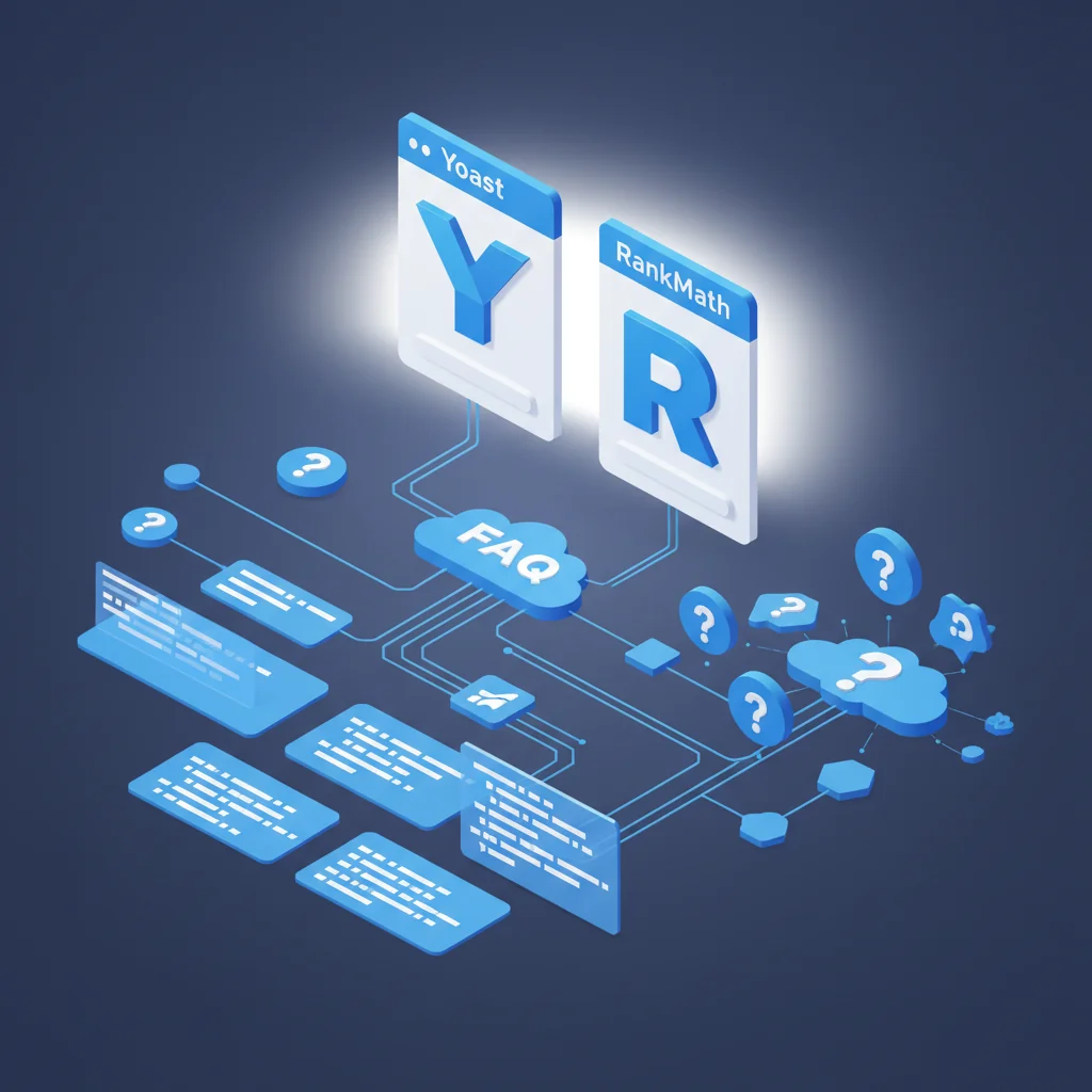 Pressvise illustration: two plugin interface cards for Yoast and RankMath with FAQ structured data diagram, question mark bubbles and schema code blocks in dark slate blue and bright blue editorial style