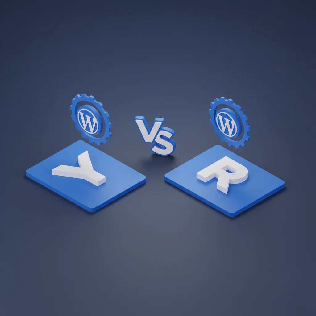 Pressvise illustration: Y and R comparison cards with WordPress plugin badges and VS divider in dark slate blue and bright blue editorial style